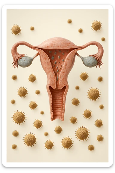 utero umano realistico con batteri della candida intorno, la foto si deve vedere per intero in formato verticale, sullo sfondo neutro chiaro ci sono batteri della candida, iperrealistico 4k sticker