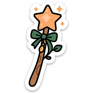 A cute and magical wand with an elegant, whimsical design, incorporating a color palette of golden orange (FA9B41), forest green (4A7C5C), soft taupe brown (96775A), and pastel peach (FFCC9A). The wand is slender and slightly curved, made of smooth wood with delicate carvings. At the top, there's a glowing gem or star in peachy tones, surrounded by tiny sparkles. Decorative elements like a ribbon, tiny leaves, or a small charm add a cozy, storybook-like charm. The overall look is gentle, enchanting, and magical, perfect for a forest fairy or a kindhearted young wizard sticker