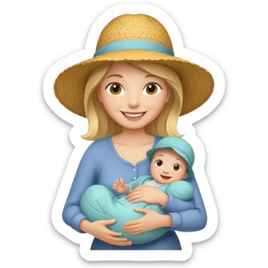 A cheerful mom in a straw hat carrying a baby sticker