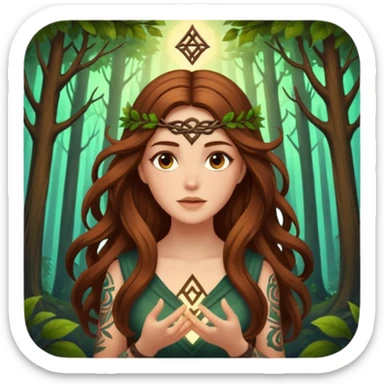 idea moment forest woman long wavy brown hair tattoos glowing rune above head sticker