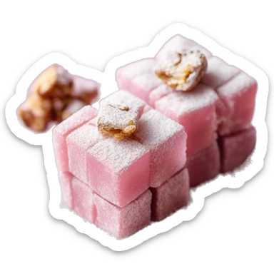 Turkish delight stacked cubes with chopped walnuts and covered with powdered sugar, on a pink porcelain plate sticker