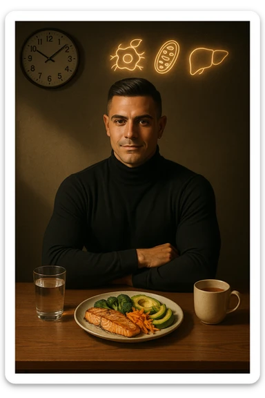 A realistic, cinematic illustration of a healthy, fit man in his early 30s with a calm, disciplined expression, sitting at a clean wooden table in the evening with a single, balanced, nutrient-dense meal in front of him (grilled salmon, colorful vegetables, avocado). The rest of the day he drinks only water and herbal tea, visible in a glass and a simple cup on the side. A wall clock in the background shows 6:00 PM, emphasizing that this is his only meal of the day (OMAD). Subtle glowing icons above him display a regenerating cell, mitochondria, and a liver symbol, representing autophagy, longevity, and health benefits of OMAD. The lighting is warm, with cinematic shadows and natural tones, creating a sense of discipline, mental clarity, and health optimization. The man looks centered and content, showing that OMAD is a conscious choice for energy and regeneration, not restrizione. The scene is realistic with slight film grain for depth sticker