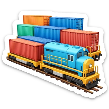 A 3D cartoon cargo train with colorful containers on flatbed cars, industrial background, Memoji-style realism. sticker
