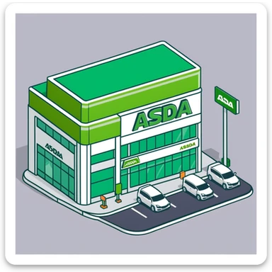 Isometric ASDA supermarket exterior with green facade, click and collect pickup point, and British number plate cars in car park sticker