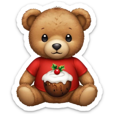 A teddy bear wearing a red t-shirt with a Christmas pudding on the t shirt  sticker