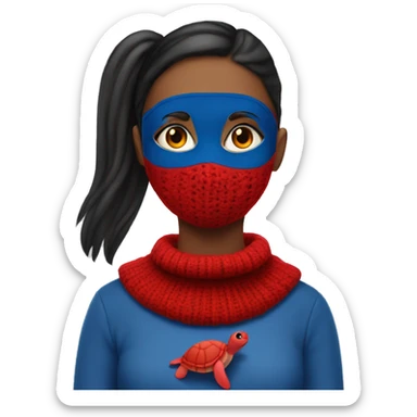 girl with blue eyes, a red mask around eyes, dark blue pigtails, and a red turtle neck sweater sticker