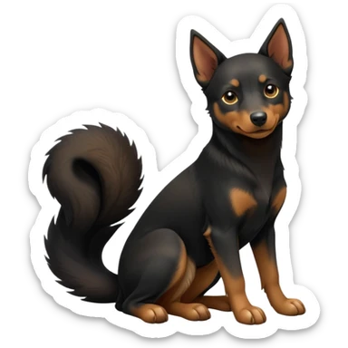 cinematic-[australian kelpie]-detailed realistic-full-body-sitting-emoji,-tail-resting-loosely-beside-its-paws,-head-tilted-dramatically, -sleek-[Black and tan]-fur,-simplified-yet-realistic-focused-features,-highly-detailed,-glowing-with-an-almost-sarcastic-glow sticker