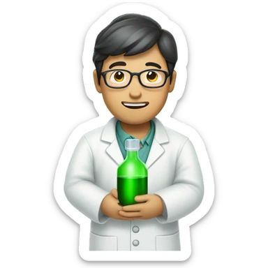 asian scientist experemintator with green liquid bottle in hands  sticker