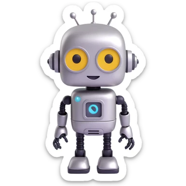 silly robot with expressive face, metallic finish, random accessory, 3D emoji style sticker