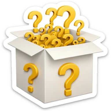 white box printed with q&a over stuffed with yellow question marks sticker