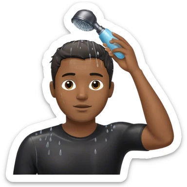 Black guy with black shirt in the shower, showing the showerhead and washing his hair with shampoo, short hair sticker