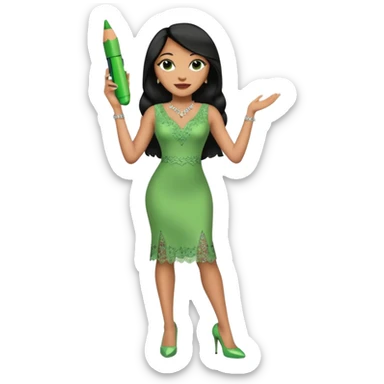 A plus-size light-skinned Black woman is wearing makeup. She has long, straight, waist-length black hair and is wearing a green sleeveless dress with rhinestones and lace and a low neckline. She is standing in green high heels and is holding a crayon in one hand, with the other hand raised. sticker