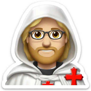 blond haired Masonic knight Templar wearing glasses and a white tunic with a Red Cross on the front and a white mantle with a hood with a Red Cross on the left side and a male face  and holding a sword. sticker