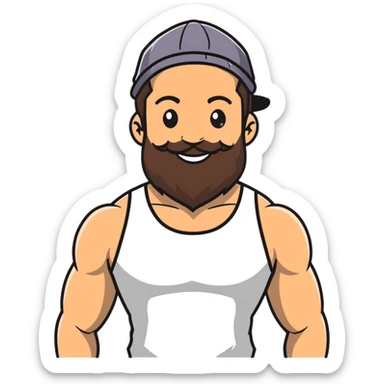 Muscular man with mid-long hair wearing a hat, big beard, smiling, white tank top sticker
