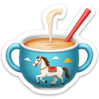 Mongolian milk tea bowl with horse-shaped handle, simplified emoji style with bold outlines and bright colors, cartoon style traditional nomadic drink sticker