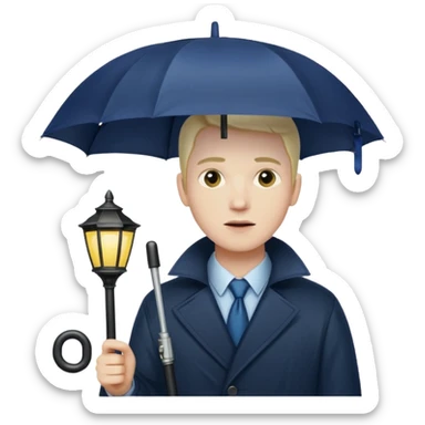 Man with umbrella + streetlight reflection, Midnight Wanderer. sticker
