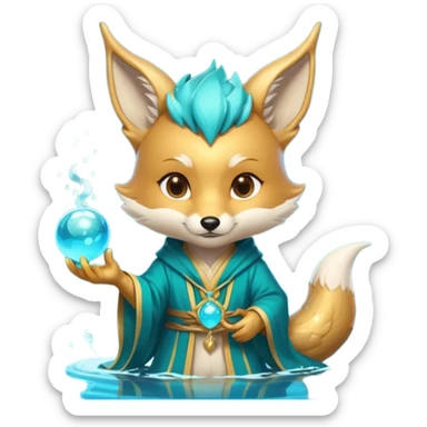 Chibi teal fox with small antler horns, confident magical expression, gold mark on forehead, teal-gold robe, holding glowing blue water orbs, with dragon tail with small antler horns sticker