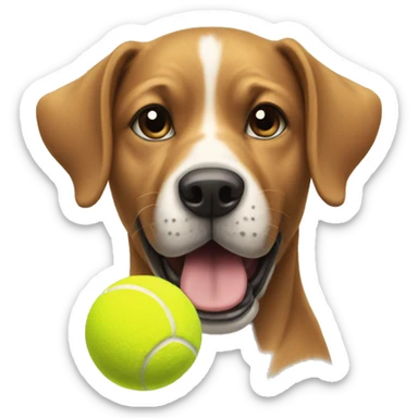 A dog with a tennis ball sticker
