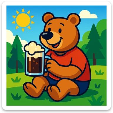 cartoon bear in a red t-shirt sitting on grass in a sunny forest clearing on a clear summer day, holding a glass mug of kvass with foam sticker