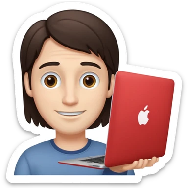 A white brunette man in his mid 20s, middle part average dude with slightly droopy eyes, happy, using a MacBook (no logo), hero for an iOS developers website sticker