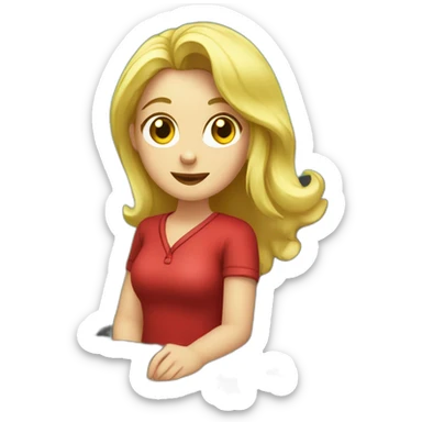 Girl, blonde hair, wearing red shirt, sitting at a black desk, wrapping chocolate candies, solid green background sticker