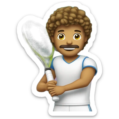 Ragazzo riccio con maglietta gialla gioca stanco con una racchetta da tennis sticker