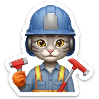 gray cat, handyman Outfit, wearing a Helmet sticker