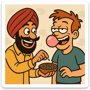 funny emoji of a Sardar character offering saunf to another character who is chewing gum, both smiling, lighthearted style sticker