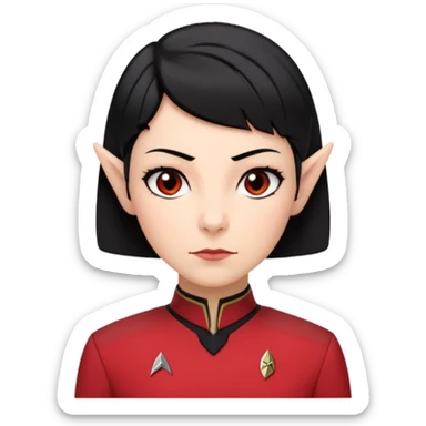 female Vulcan with short black hair and small pointy ears in Starfleet red uniform (Star Trek) no green face sticker