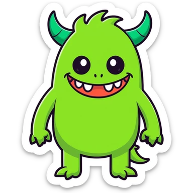 funny green monster, no teeth, small horns, smiling sticker