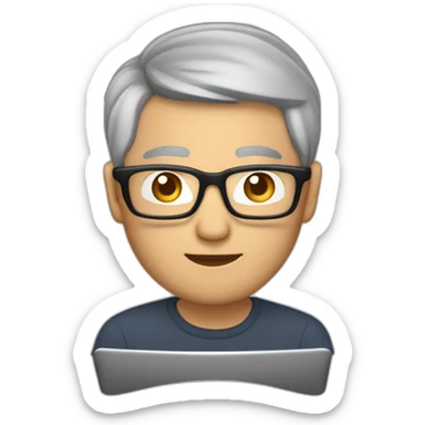 Aged 45 Asian Guy with rimless glasses coding on the macbook sticker