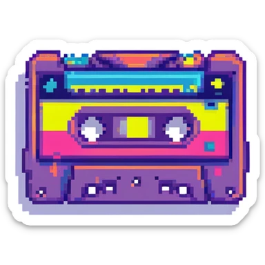 icon representing the 1980s with retro elements like cassette tape, neon colors, and geometric shapes sticker