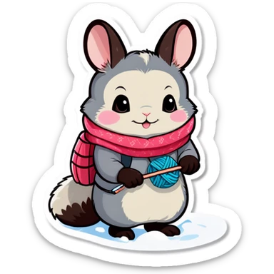 Cute girl chinchilla knitting on snow skis sticker