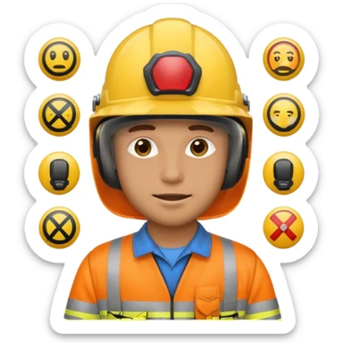 a guy wearing safety outfit with helmet standing , around him safety gears emojis  sticker