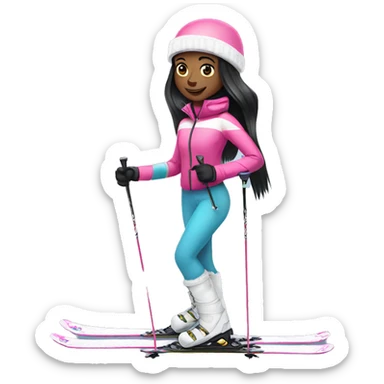 African Skier girl with long black straight hair and pink gear show skis and legs  sticker