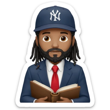 African American man with shoulder length black dreadlocks with black beard wearing a New York Yankees logo baseball cap wearing a suit with red tie walking right with a Bible in hand sticker