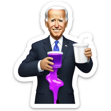 biden with purple liquid spilling out of white cup sticker