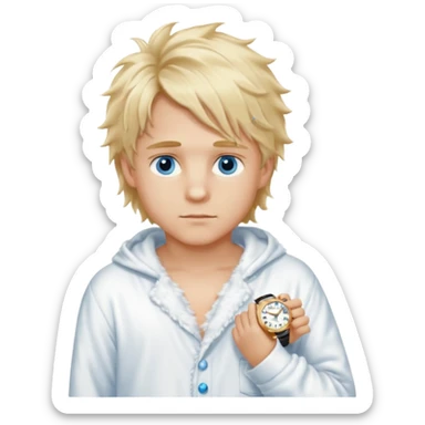 Create a look for a blond boy with long, tousled hair, light eyes, a white sweater, a wealthy appearance, blue eyes, and accessories like a Rolex or Cartier watch, and a cute face with messy hair down. blue eyes + + pajama white fluffy sticker