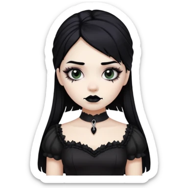 a girl with white skin and black lipstick and goth dress and black hair sticker