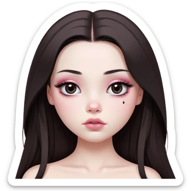girl with white skin, dark brown long realistic straight hair with middle part prominently falling in front of her body over her shoulders, very big pouty extra shiny lips with absolutely no cupid's bow, big round eyes with very black shiny eyeballs and huge eyelashes, no eyeshadow, pink blush on cheeks, lighter button nose, extremely long oval-shaped face, wearing a pink off-shoulder top, looking directly at camera with hands down at sides sticker