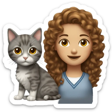 Girl with curly brown hair with grey scotland cat sticker