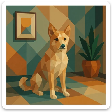 a dog in a room with geometric decor, polygonal style sticker