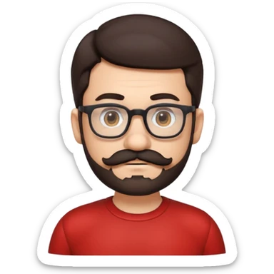 person with glasses, short dark hair, mustache and beard, wearing Mario costume sticker