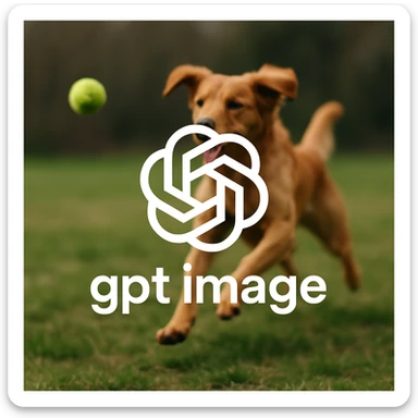  logo of chat gpt with text "gpt image" on the background of a dog chasing ball, realistic image sticker