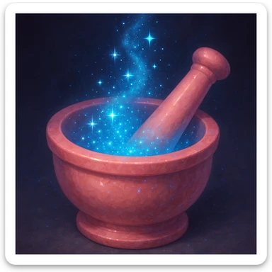a pink mortar and pestle with sparkling blue fairy dust, magical, no text sticker