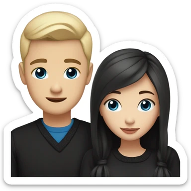 Blonde girl with blue eyes in black sweater and an east asian with light skin man with black hair and black eyes hugging sticker