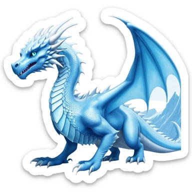 Cinematic Noble wise elegant Ice Dragon full body  Emoji, Poised and imposing, distinct long elegant snout, with a slender, scaled body shimmering in glacial hues of icy blue, frostbitten silver, and crystalline white, breathing out frost, with piercing, glowing ice blue white eyes that radiate the chilling depths of an arctic storm; rendered in detail. excuding wisdom sticker