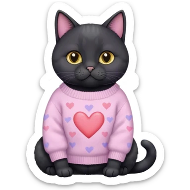 cute black british cat sitting 
 in a cute pastel sweater with hearts sticker