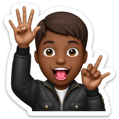 Black emoji sticking out tongue and holding up rockstar hands sticker