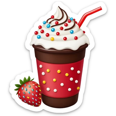 Un vaso plástico cubierto de chocolate que arriba se vea crema batida que por encima se vean fresas y chispas de colores  sticker